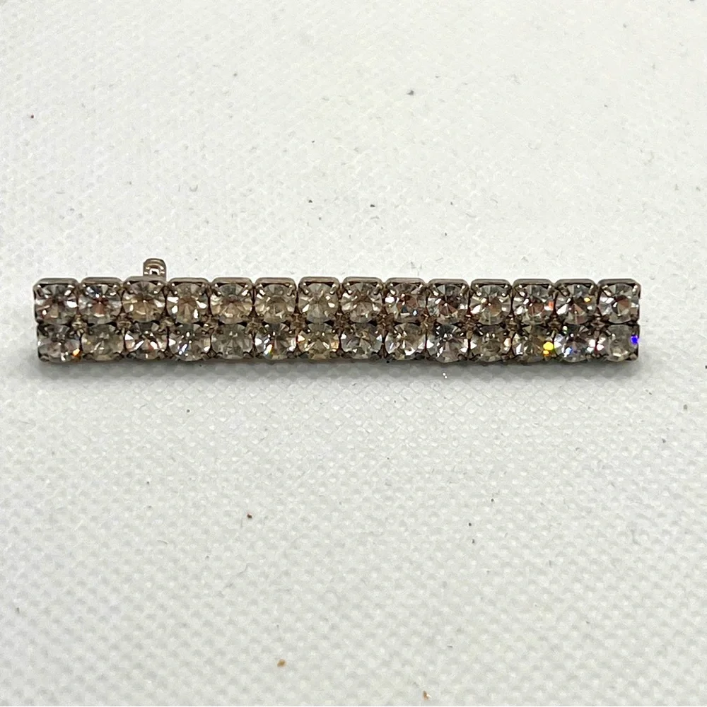 Vintage Retro MCM Double Line Clear Rhinestone Bar Brooch Pin